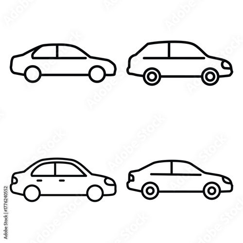 car outline simple icon set, black color and white background