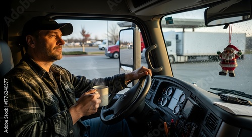 Professional truck driver enjoying a quiet coffee break inside his semi-truck at a highway rest stop, reflecting on the road ahead