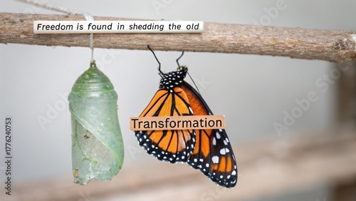Butterfly undergoing transformation from chrysalis