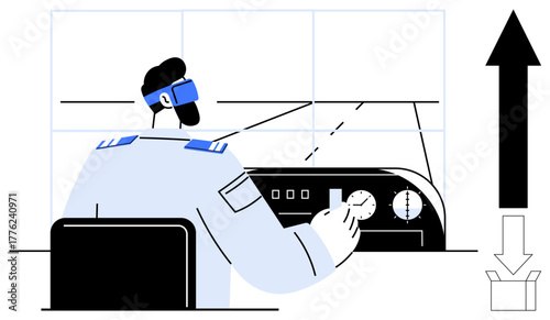 Pilot wearing blue epaulets seated at cockpit control panel, adjusting dials. Console with navigation meters, directional arrow, and box icon. Ideal for aviation, navigation, control, technology