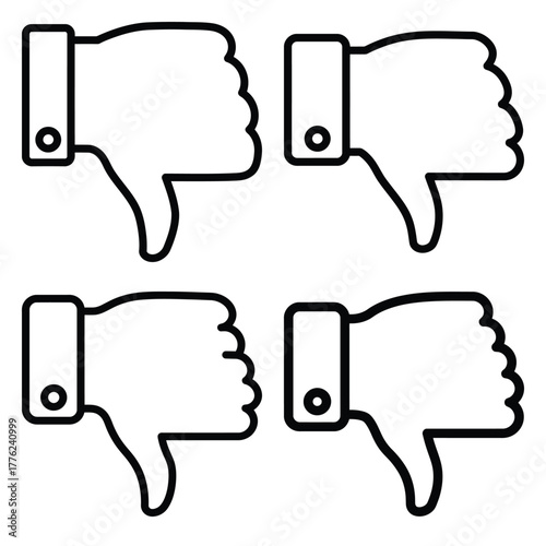 dislike thumbs down icon set, black color and white background