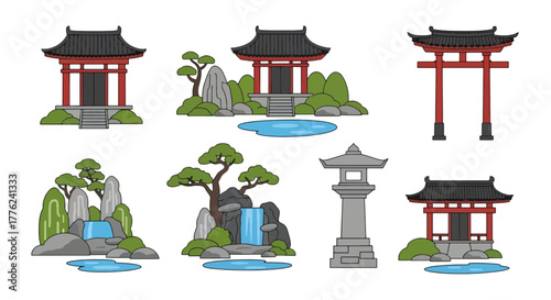 Japanese Garden Vector Set – Traditional Pagoda, Torii Gate, Lantern, and Nature Landscape Illustration Collection