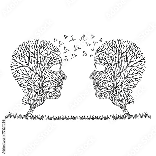 Two tree head silhouettes communicating with butterflies