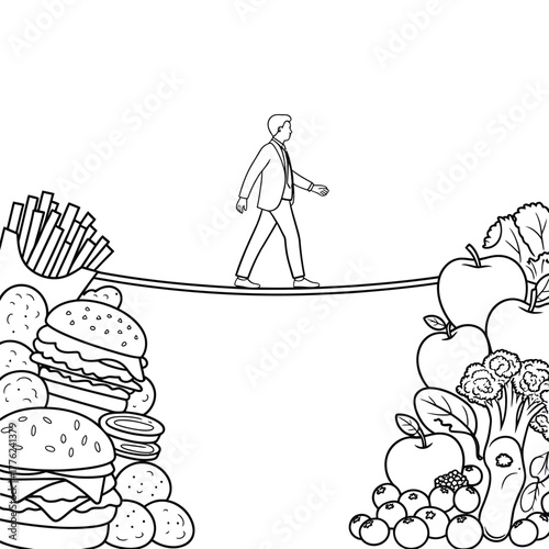 Man walks a tightrope between unhealthy junk food and healthy fresh produce