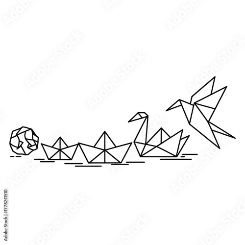 Origami paper boats and bird in minimalist geometric line art style