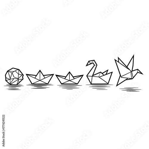 Origami progression from sphere to flying bird on water