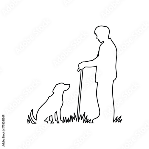 Silhouette of a person and dog in a grassy field with a walking stick