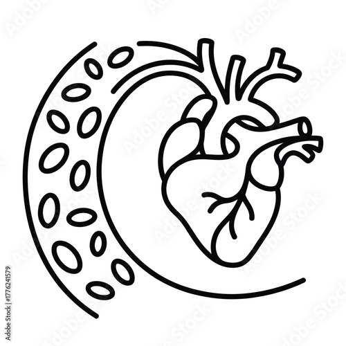 Stylized line art of human heart and artery with blood cells