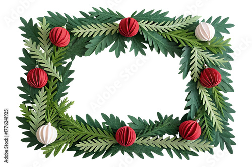 Christmas Paper Craft Frame with Green Pine Branches and Red White Ornaments – Holiday Greeting Card Template on Light Background