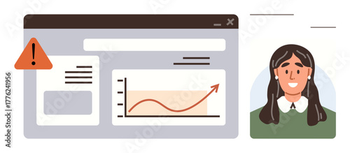Web dashboard displays progress chart climbing upward with alert symbol and text beside user profile avatar. Ideal for statistics, marketing, data monitoring, leadership, business planning