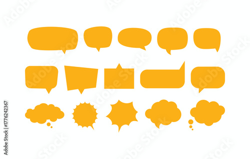 Orange vector speech and thought bubbles set on white background. Collection of comic chat, dialogue, and message templates. Great for UI/UX design, conversations, and social media graphics