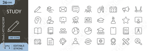 study icons in line style. Education, knowledge, teacher, class room, study, language, collection. Vector illustration. outline icons.