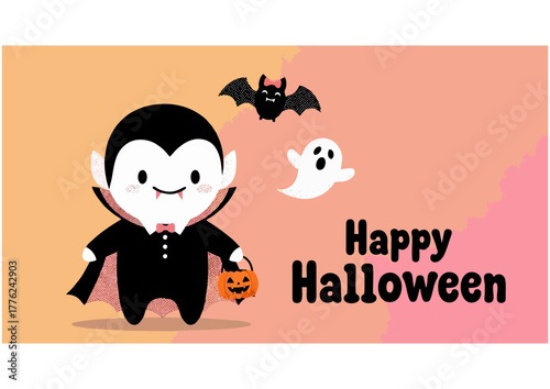 Happy haunting illustration of a cute little vampire character in a cape for Halloween fun
