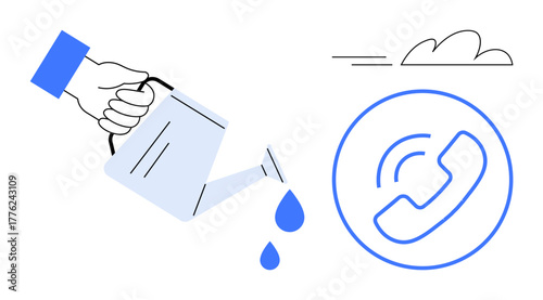 Hand pouring water from a watering can onto phone icon, resembling concept of cultivating communication. Ideal for technology, networking, support, customer care, growth, business innovation. Simple