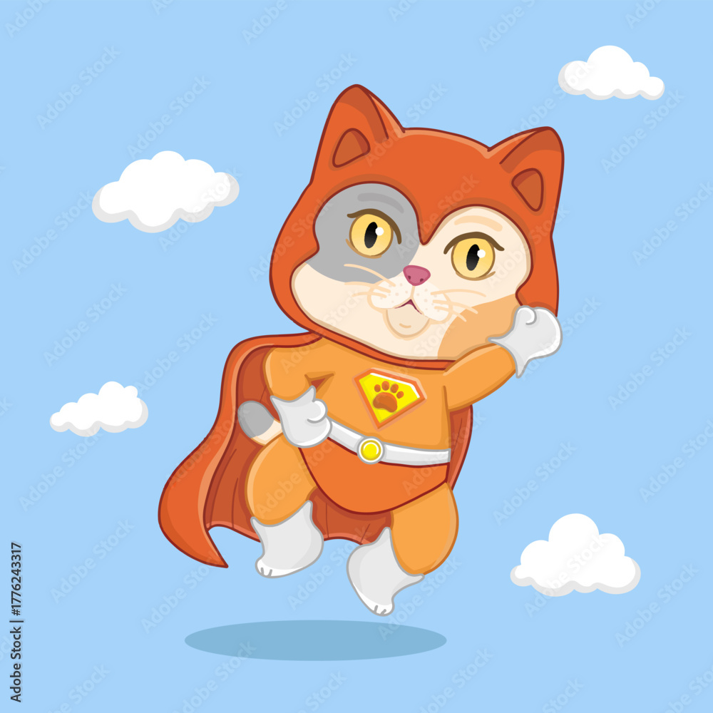 Fototapeta premium Superhero cat kids cartoon character wearing orange suits flying in the sky