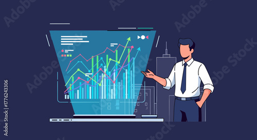 Businessman Presenting Financial Data on Holographic Screen