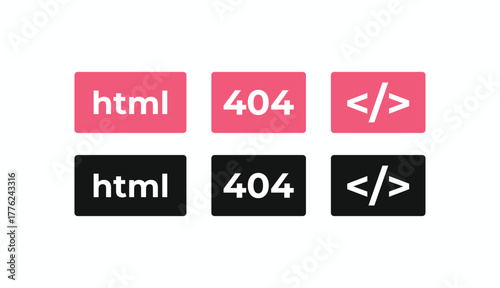 Flat icon set of programming and coding language tags. Includes HTML, 404 error, and code bracket symbols in pink and black. Concept for website, software, and application development icons