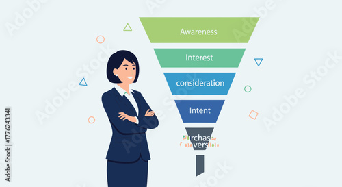 Businesswoman Displaying Sales Funnel Stages Diagram With Elegant Presentation