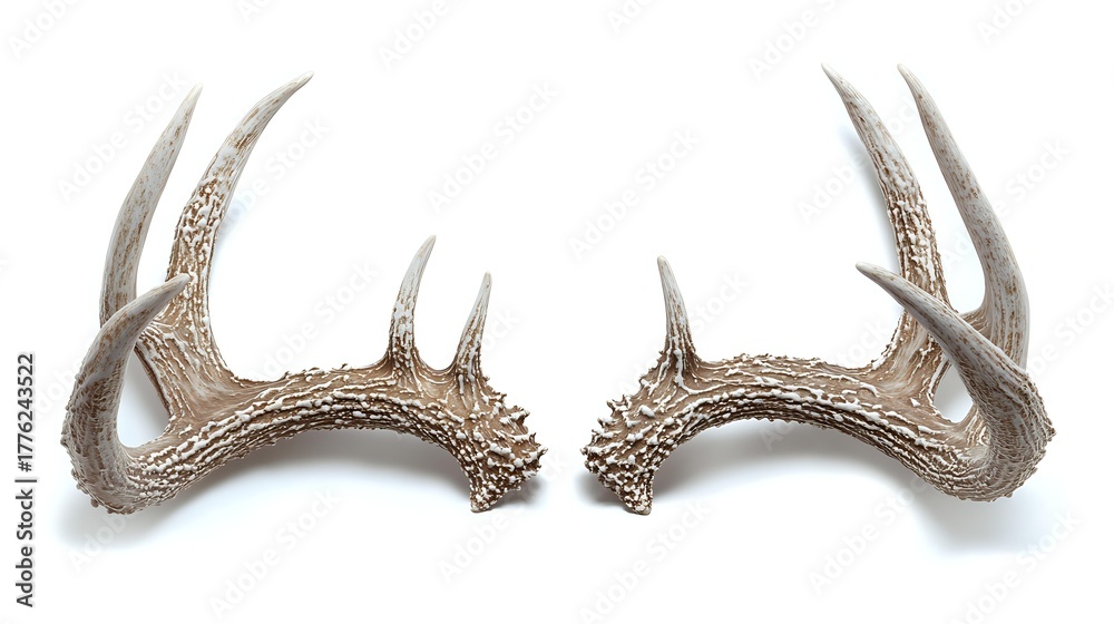 Fototapeta premium Naturally shed deer antlers with detailed texture and intricate patterns isolated on pure white background, ready for design projects and creative use.