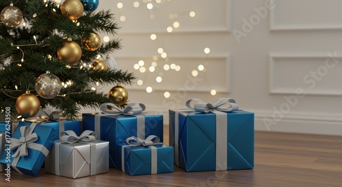Christmas Tree Decorated With Ornaments And Presents Underneath With Lights