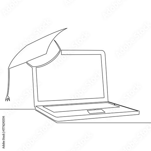 Continuous one single line drawing Laptop with graduation cap symbolizing online education and e learning success icon vector illustration concept