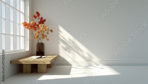 Sunlight streams through a window onto a wooden table with flowers.