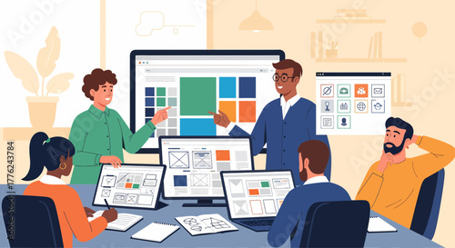 Diverse Team Discussing Website Design And Development In Modern Office