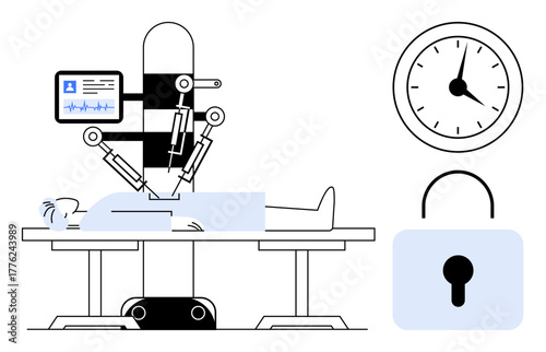 Robot performing surgery on patient, medical monitor, clock, and lock icon symbolizing precision, time efficiency, safety, and trust. Ideal for health technology, cybersecurity surgery innovation