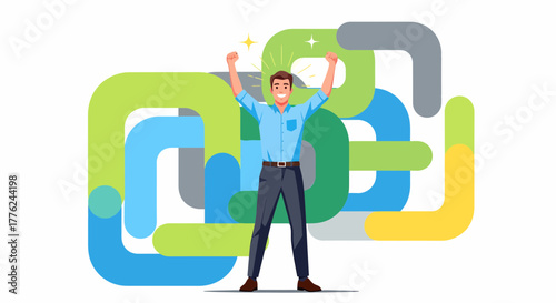 Successful Businessman Celebrating Victory With Abstract Geometric Shapes