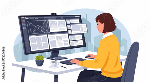 Woman Working On Computer Creating Website Wireframe At The Office