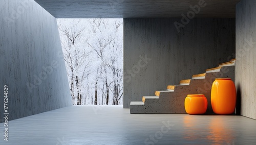 Modern concrete interior with a staircase and orange vases reveals a snowy forest.
