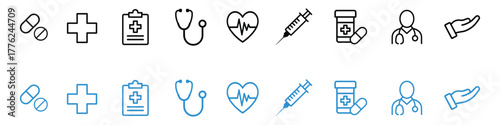 Medical set icon vector. stethoscope, heart pulse, syringe, medicine bottle, doctor, hand, pills, cross, clipboard symbol. vector illustration.