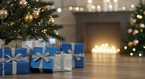 Warm Christmas Eve Scene With Decorated Tree And Presents By Fireplace