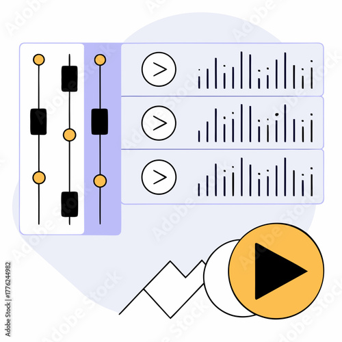 Microphone inside speech bubble with soundwaves beside stacked pages of text. Ideal for voice-to-text, transcription, AI, documentation, productivity, technology, digital tools. 