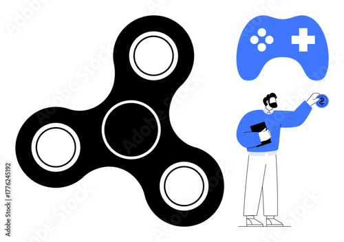 Black fidget spinner, blue gaming controller, man holding a token. Ideal for fun, gaming, productivity, stress relief, hobbies creativity focus. A simple flat metaphor