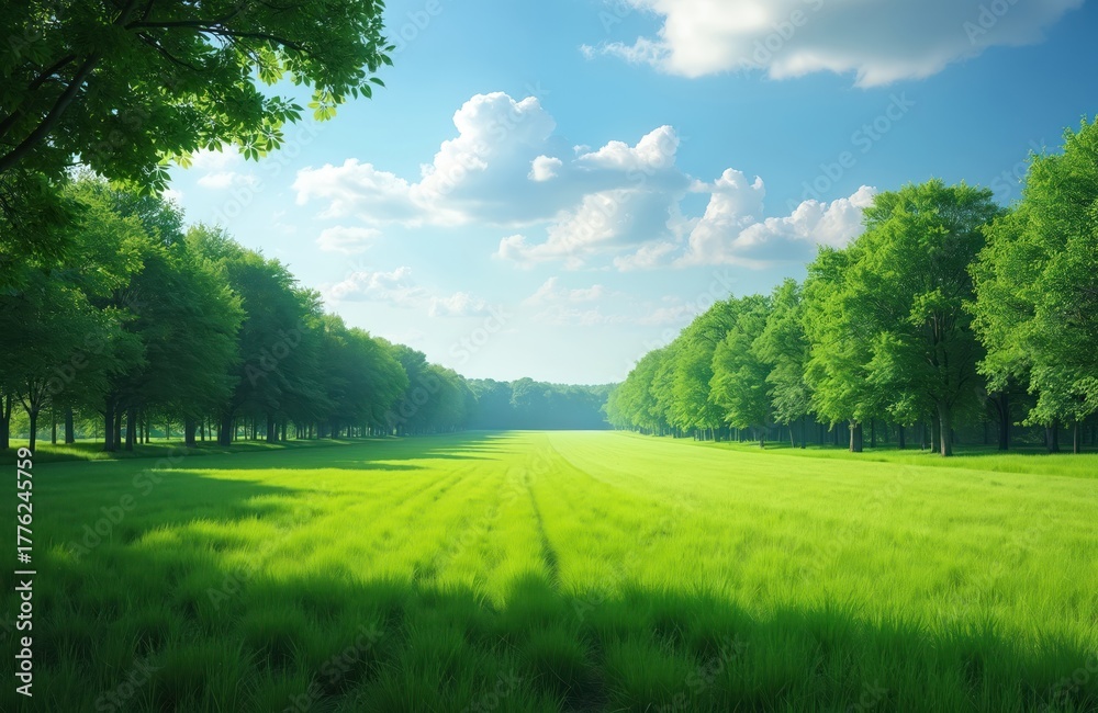 Obraz premium Green meadow lined with trees under blue sky with clouds. Rich grass field stretches towards forest. Sunlight shines on peaceful nature scene.