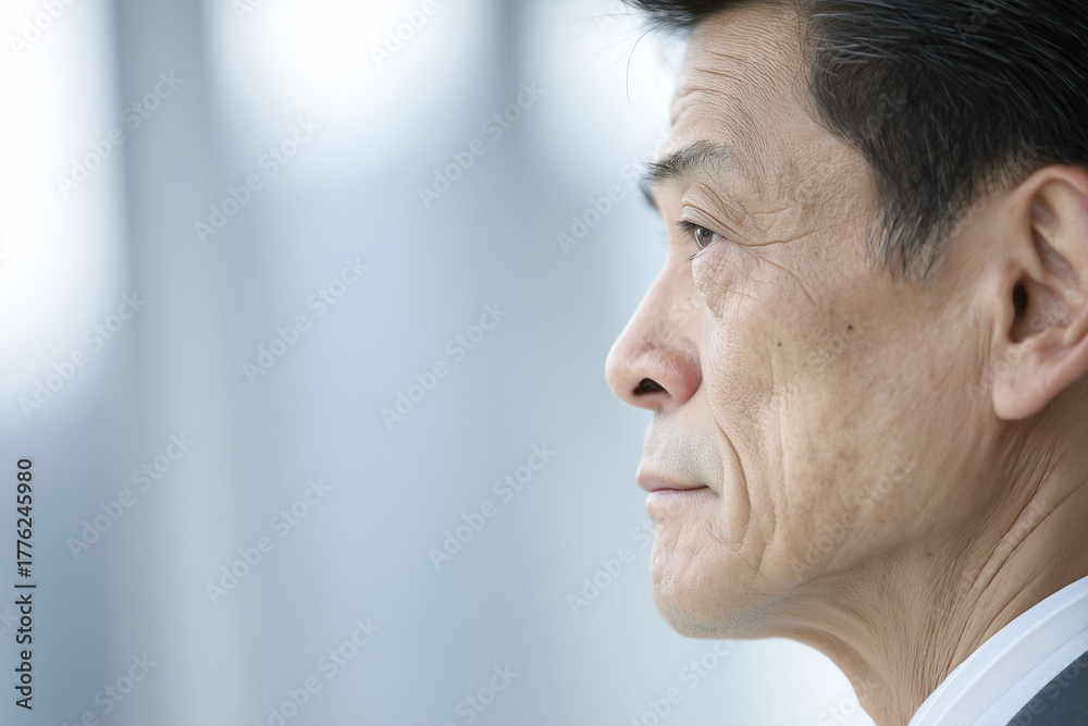 Obraz premium japanese, Side profile portrait of a business man, 50 years old, office background with copyspace