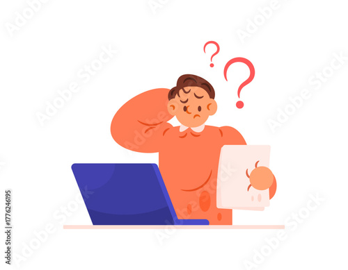 Illustration of a man having difficulty and confusion in completing an assignment. A student is confused about writing a thesis. Problems, wondering. Flat style character illustration. White backgroun