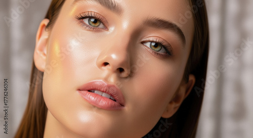 Beautiful young woman with flawless makeup and captivating green eyes, radiating confidence and natural beauty.