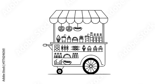 Vector illustration of street food cart with various snacks and drinks, minimal line art, isolated on white background