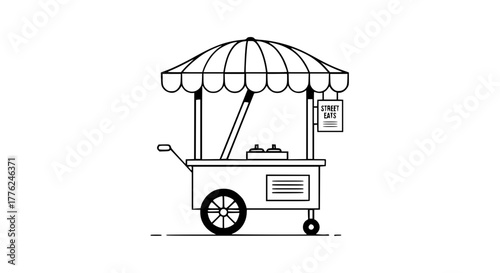 Vector illustration of street food cart with various snacks and drinks, minimal line art, isolated on white background