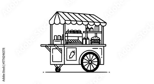 Vector illustration of street food cart with various snacks and drinks, minimal line art, isolated on white background