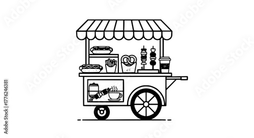 Vector illustration of street food cart with various snacks and drinks, minimal line art, isolated on white background