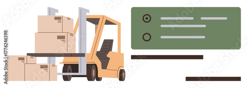 Forklift carrying boxes in warehouse with task checklist in the background. Ideal for warehousing, inventory, logistics, supply chain, task management, productivity, supply systems. Simple flat