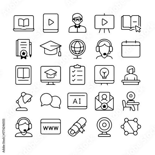 E-learning and educational icons, representing various aspects of online learning
