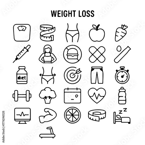 Weight loss elements, an assortment of icons showcasing various aspects of a weight loss journey, perfect for health-related content