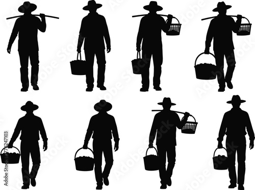 Farmer silhouette vector set showing traditional basket carrying, rural labor, market transport, and agricultural lifestyle in black isolated style