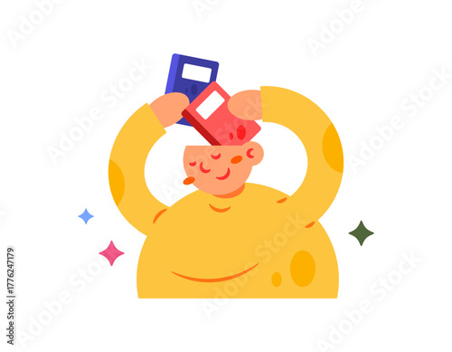 Illustration of a man putting books inside his head. The concept of increasing insight and knowledge. Learning and studying many things and information. Flat style character illustration. White