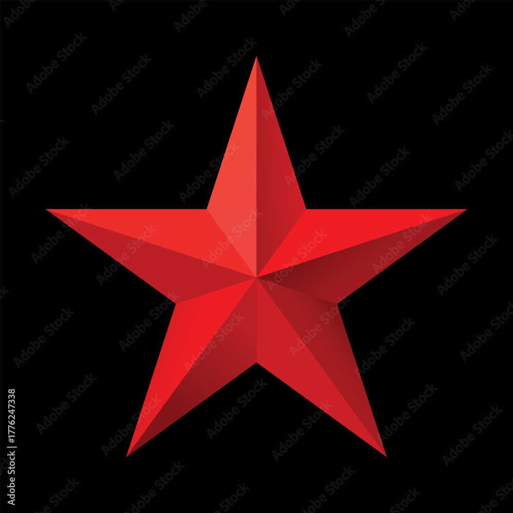 Obraz premium Red Christmas 3d Star glossy bright shine five angle star shape isolated on black Background. Icon for holiday design element.