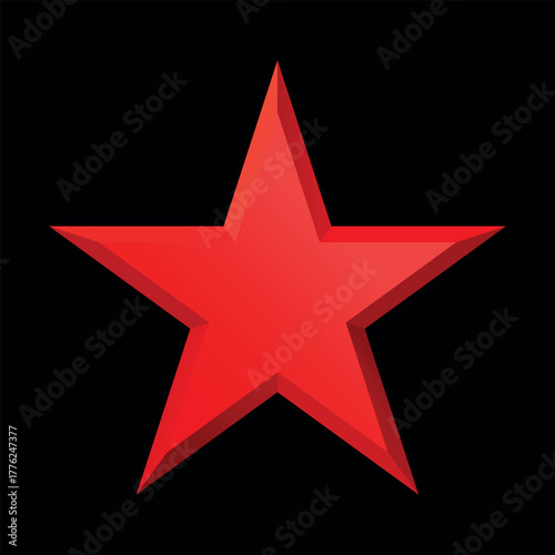 Red Christmas 3d Star glossy bright shine five angle star shape isolated on black Background. Icon for holiday design element.